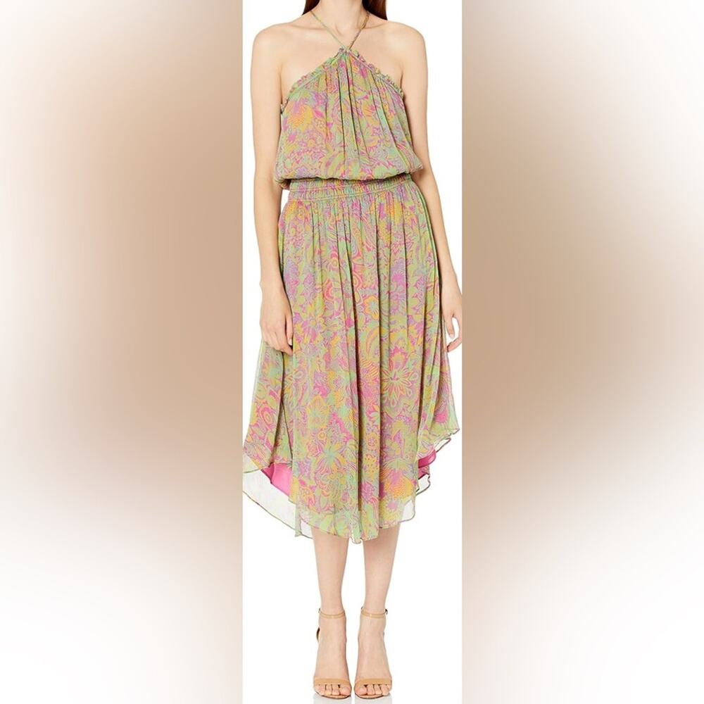 Ramy brook paisley print high cross front smocked waist swing skirt midi dress